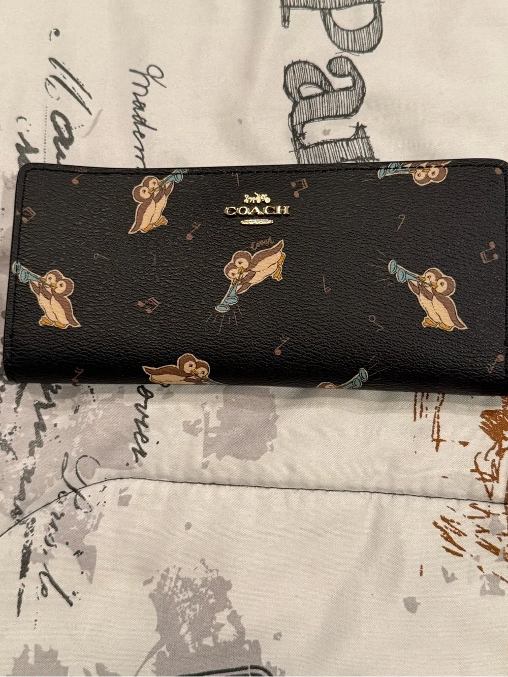 Coach Black Leather Long Wallet Penguin Print